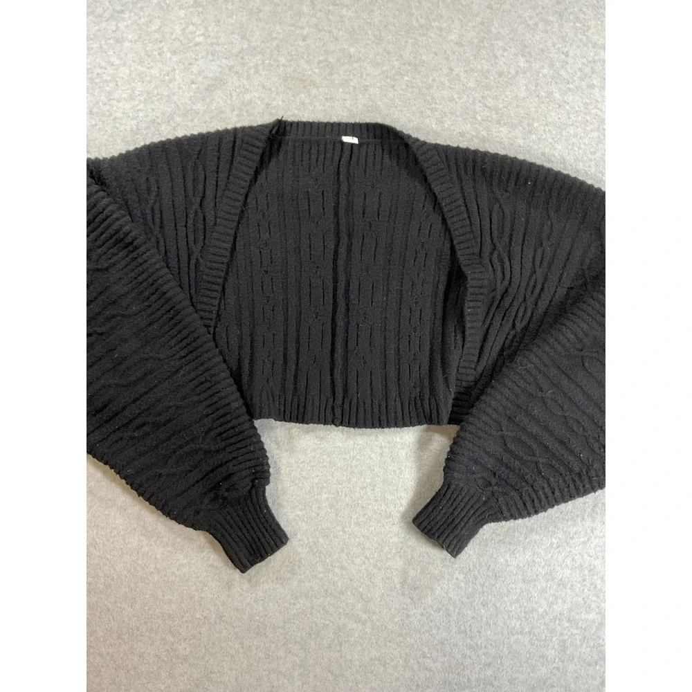 Alo Yoga Black Cable Knit Shrug Cropped Open Front Cardigan Sweater L 2235